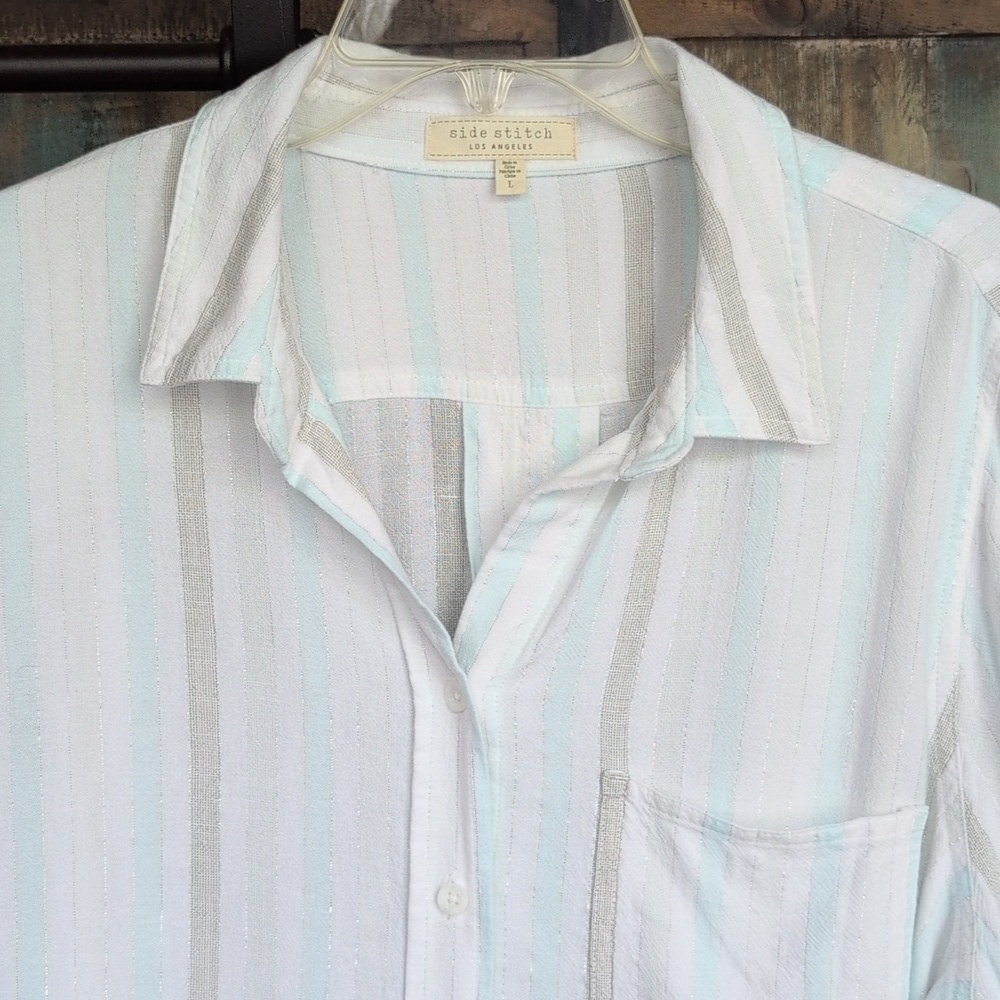 Side Stitch Coastal Linen Striped Button Down - Women's Large - Picture 2 of 7